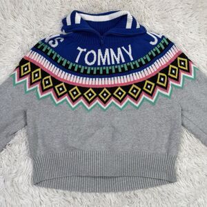 Tommy Hilfiger Sweater Logo Geometric Blue Pink Aztec Zip Collared Turtleneck L‎